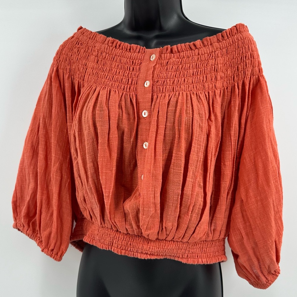 We the Free People Dancing Till Dawn Off Shoulder Peasant Crop Top Large Coral